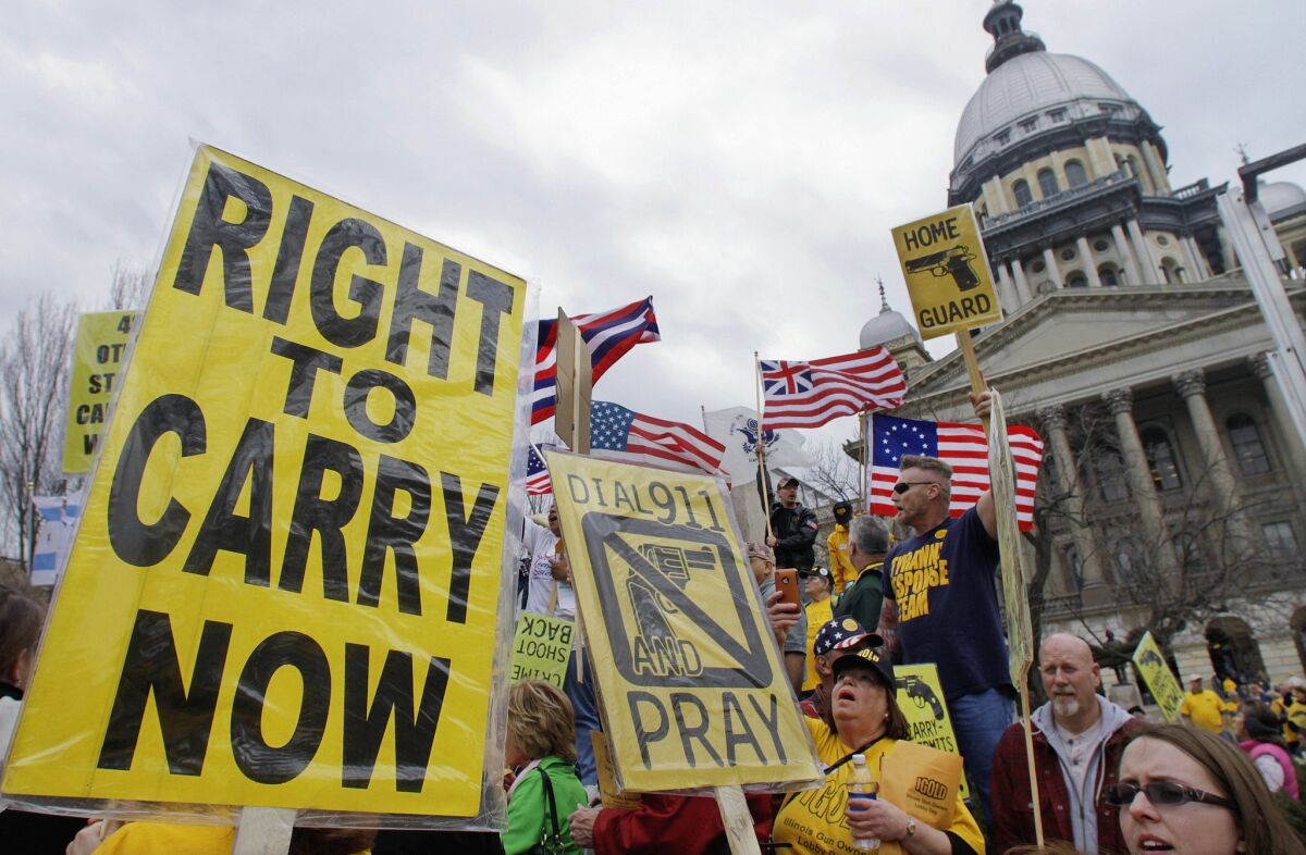 Gun owners and gun-rights supporters rally at the Illinois Capitol in Springfield.
