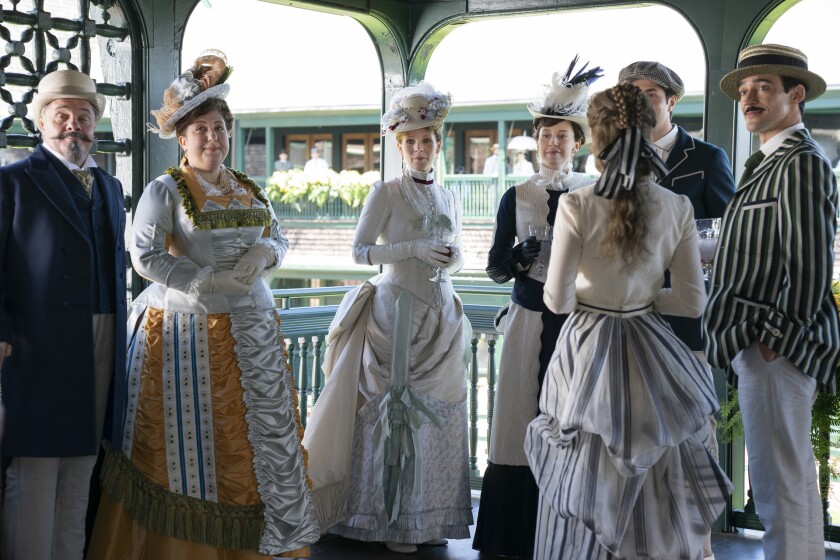 Kelli O'Hara, third from left, Carrie Coon, fourth from left, and Blake Ritson, far right, in "The Gilded Age."
