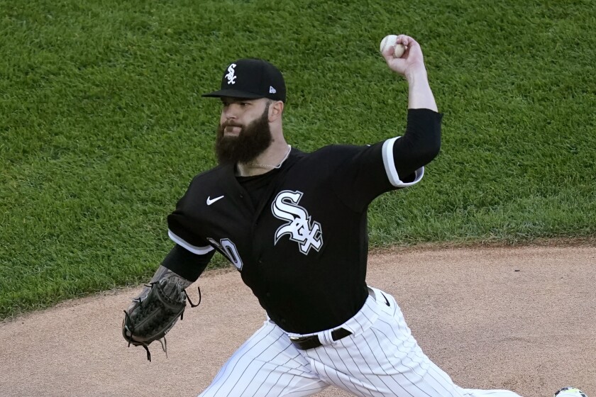 Chicago White Sox starting pitcher Dallas Keuchel delivers during the first inning of the team's baseball game against the Tampa Bay Rays on Tuesday, June 15, 2021, in Chicago. (AP Photo/Charles Rex Arbogast)