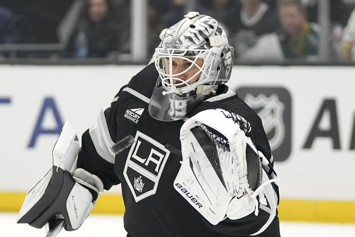 Kings goaltender Cam Talbot makes a glove save during a game against the Colorado Avalanche in October.
