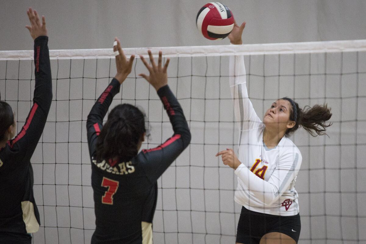 Ocean View's Dana Abascal records one of her 19 kills against Segerstrom in a Golden West League home match on Tuesday.