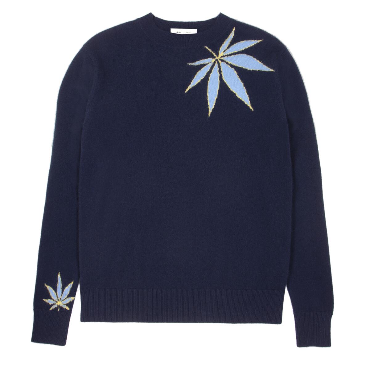 Leret Leret's No. 21 cashmere crew-neck Mongolian cashmere sweater features cannabis leaves.