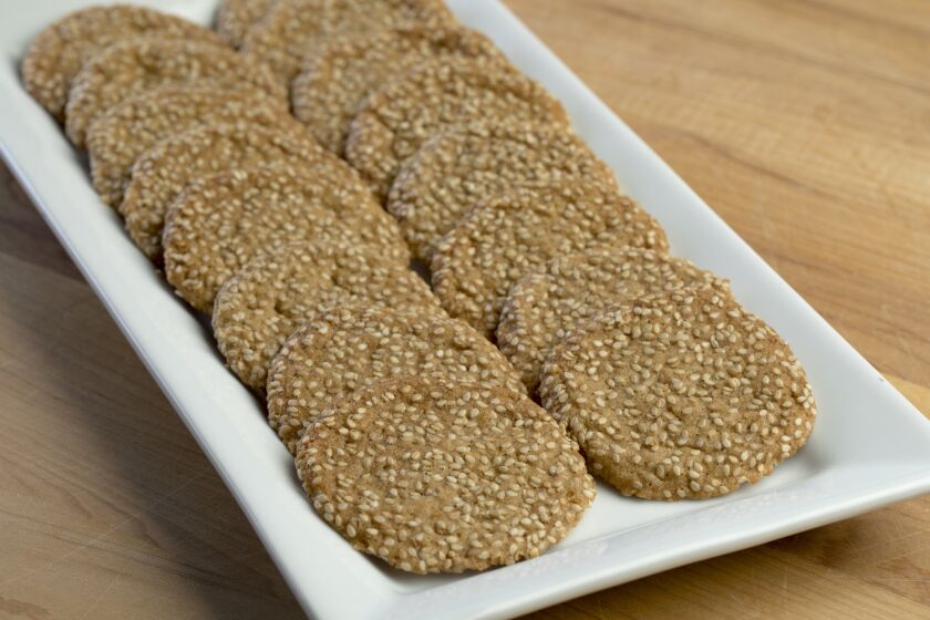 Tahini shortbread cookies made in the Los Angeles Times Test Kitchen. Adapted from a recipe by Deana Kabakibi.