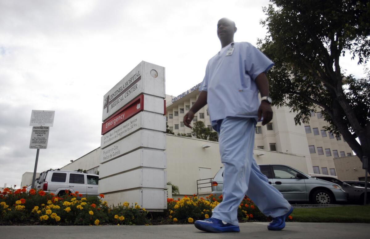 The emergency room ambulance entrance at Centinela Hospital Medical Center in Inglewood, Calif.