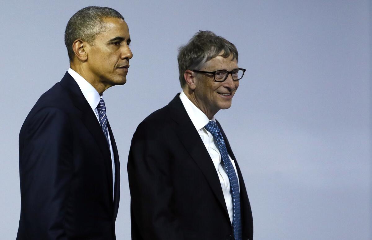 President Obama and Microsoft founder Bill Gates leave after attending the "Mission Innovation: Accelerating the Clean Energy Revolution" meeting at the United Nations Climate Change Conference in Le Bourget, north of Paris, on Monday.