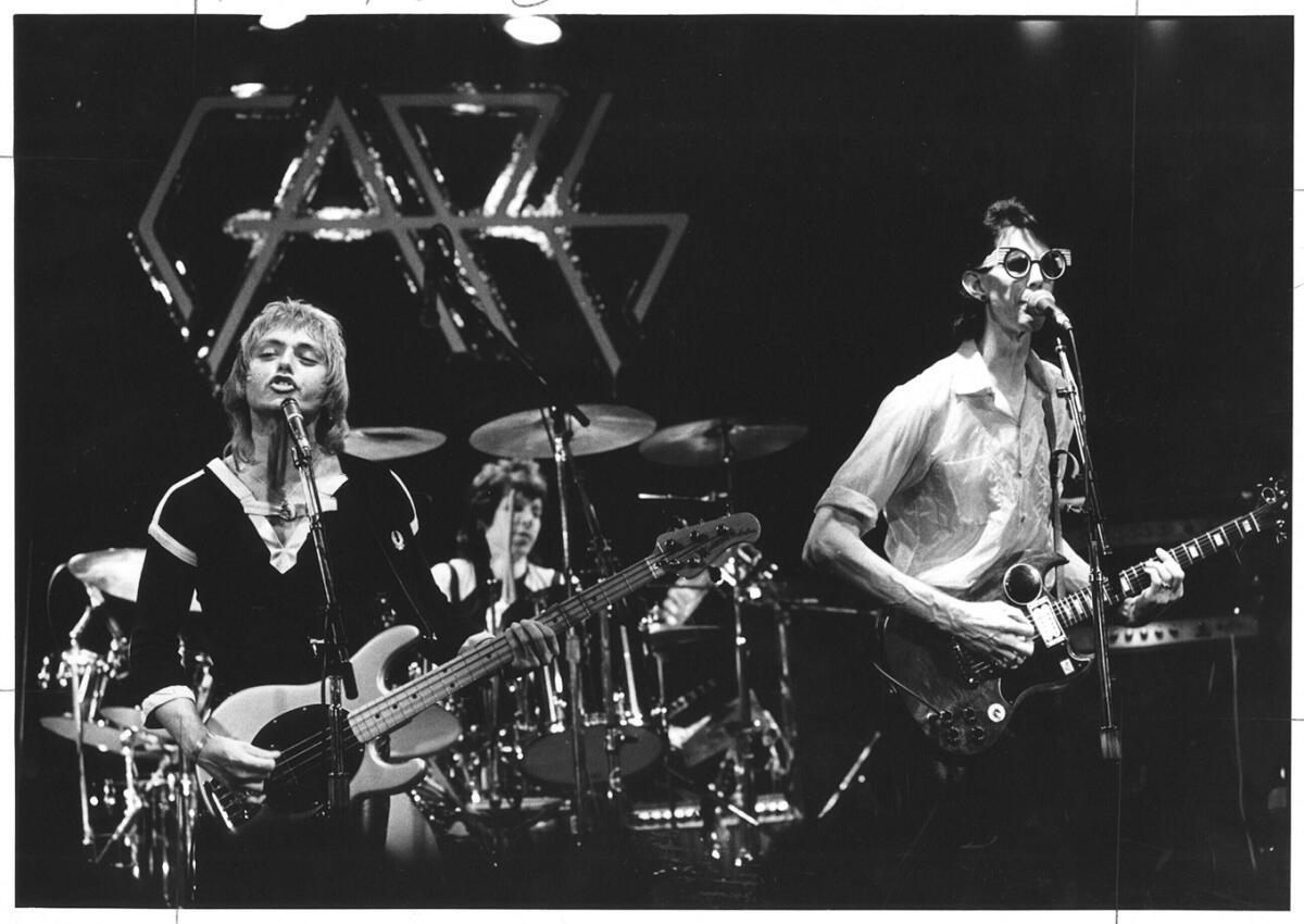 "The Cars", Aug. 1978, Rock band featuring, from left, Ben Orr, dormmer David Robinson and Ric Ocasek in stirring local debut Thursday night at the Roxy in West Hollwood.