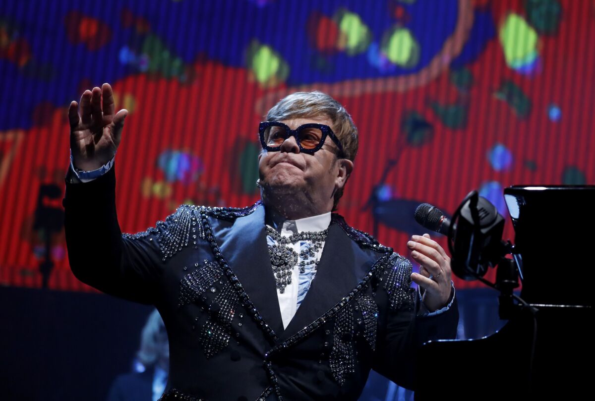 Elton John performing Tuesday night at Staples Center in downtown Los Angeles.