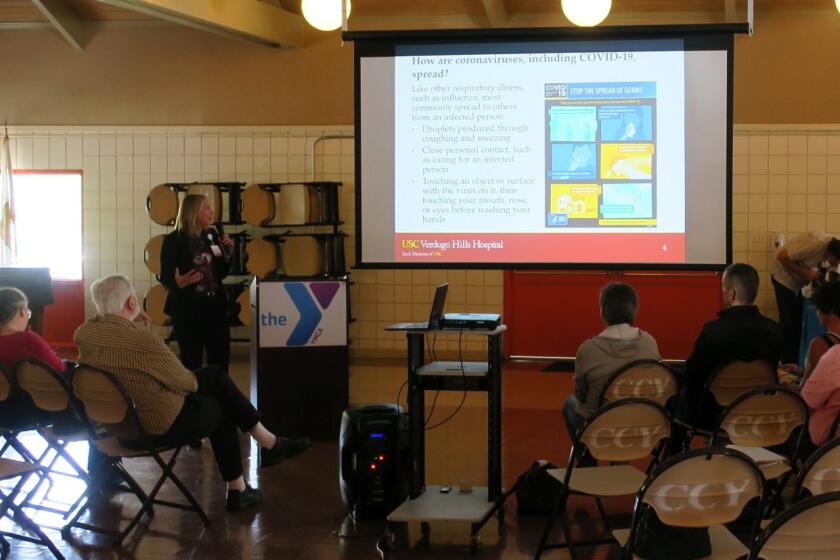 USC Verdugo Hills Hospital Administrator Mary Virgallito shared tips on preventing the spread of novel coronavirus Thursday during a talk at YMCA of the Foothills in La Cañada Flintridge. So far, 11 cases of the new virus have been confirmed in L.A. County.