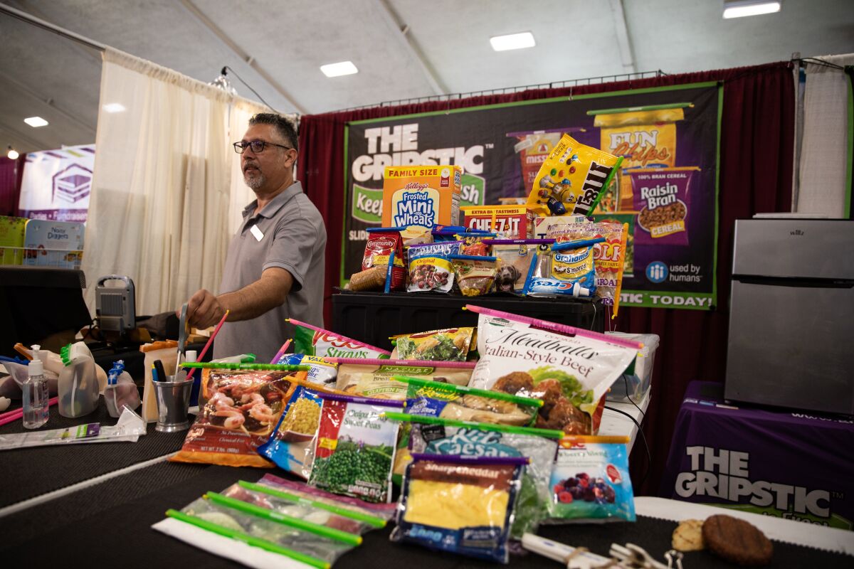 Carlos Borel sells Gripstic bag-sealing clips at Bing Crosby Hall at the San Diego County Fair on Wednesday, June 8.