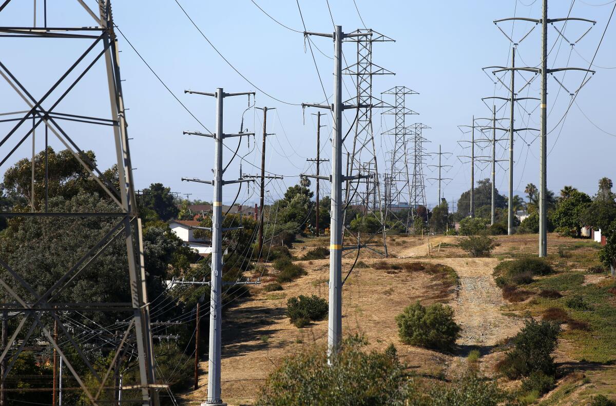 Power lines run through the Clairemont neighborhood of San Diego on August 12, 2019.  