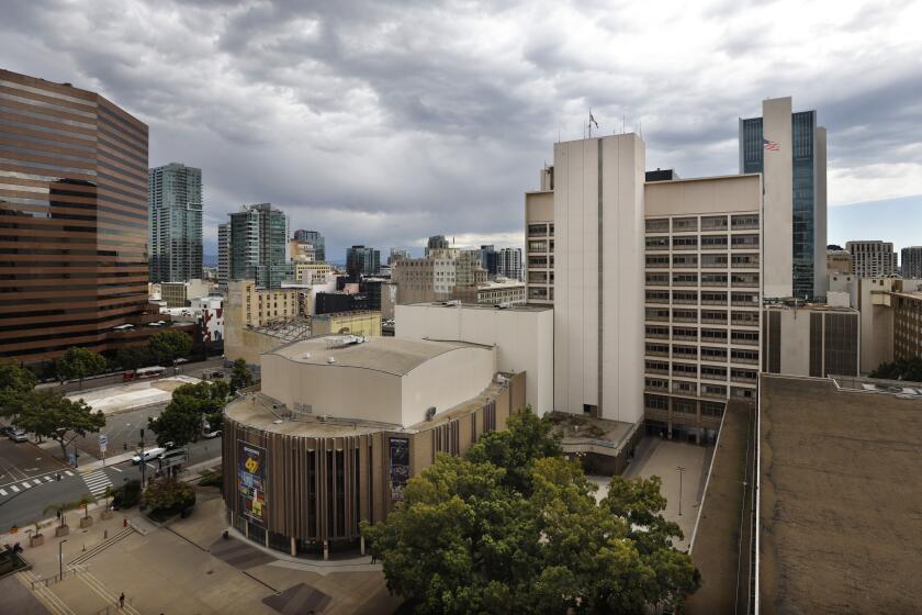 San Diego CA - March 18: San Diego's City Hall complex with the Civic Theatre and City Administration Building are shown on Monday, March 18, 2024. (K.C. Alfred / The San Diego Union-Tribune)