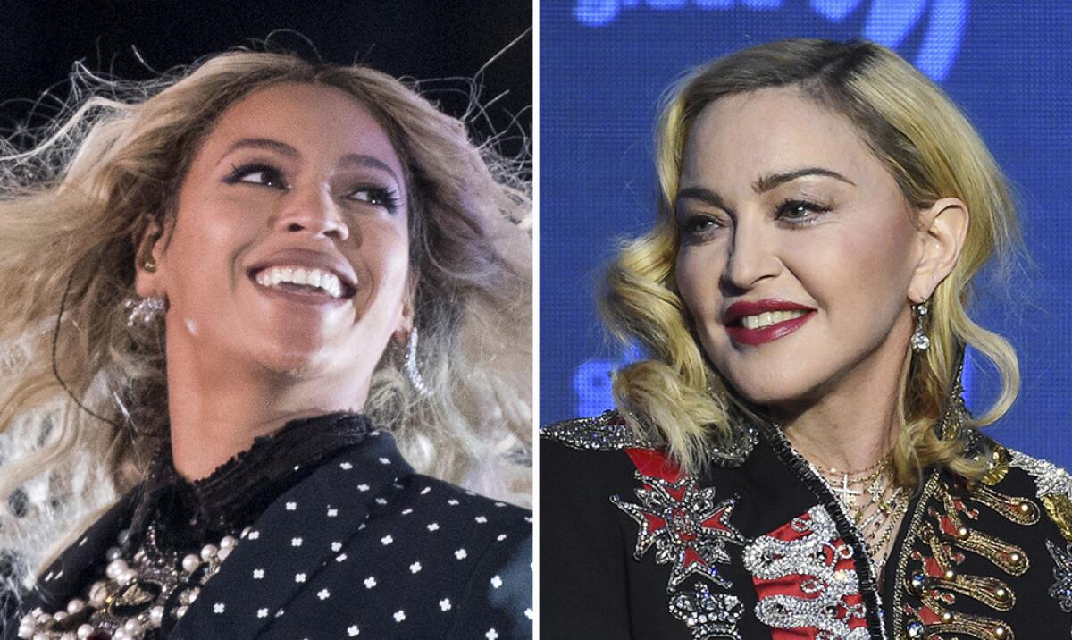 Side-by-side photos of Beyoncé and Madonna, both smiling