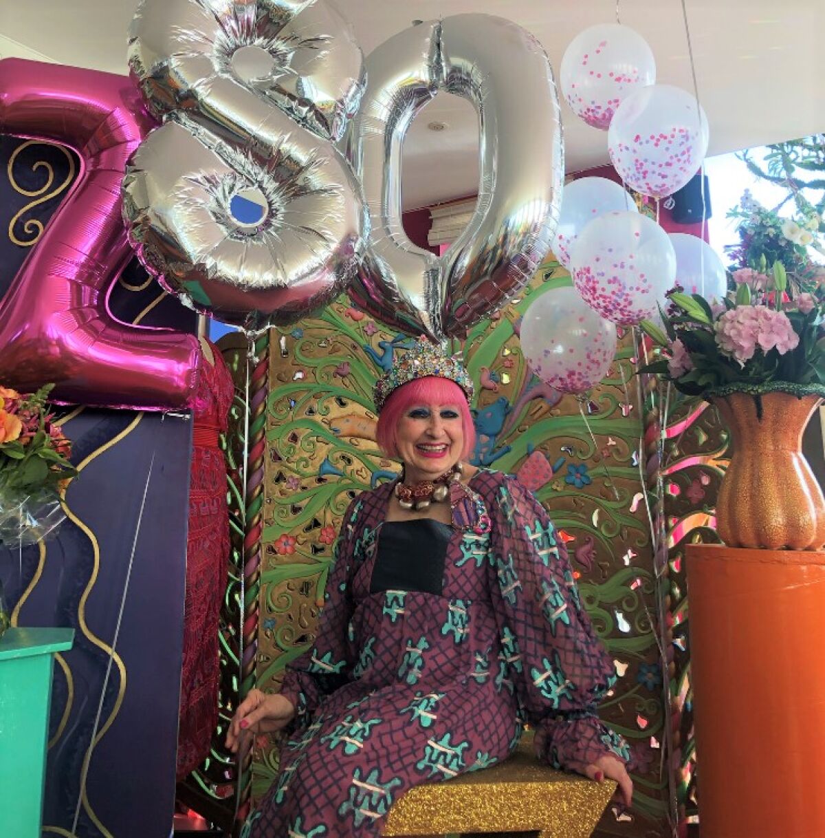 Dame Zandra Rhodes, fashion designer to royalty, turned 80 while sheltering in place in her London apartment.
