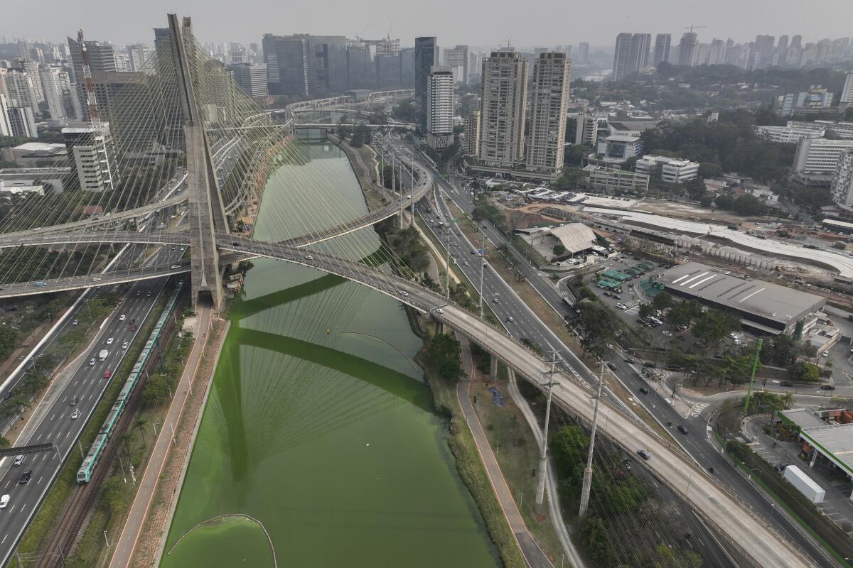 The Pinheiros River is green in Sao Paulo, Brazil, the result of severe drought that has significantly lowered water levels.