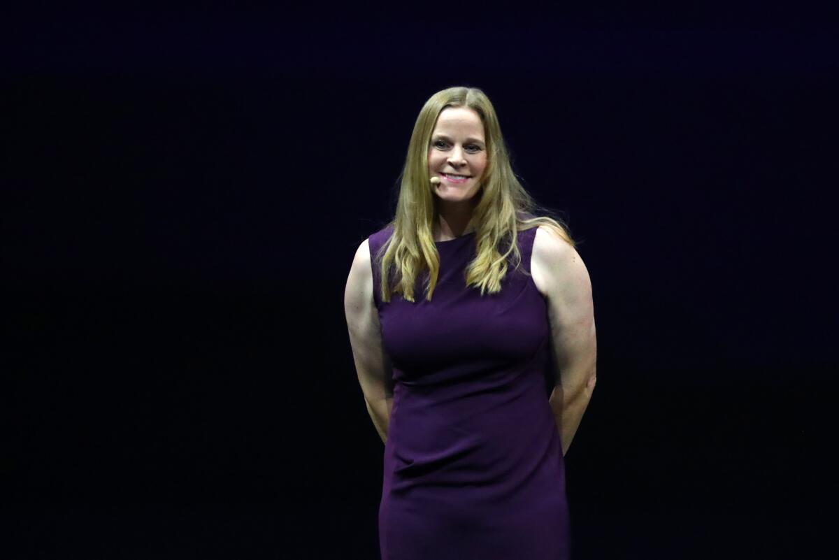 Cindy Parlow Cone on stage during the FIFA Women's World Cup Draw in Dec. 2018.