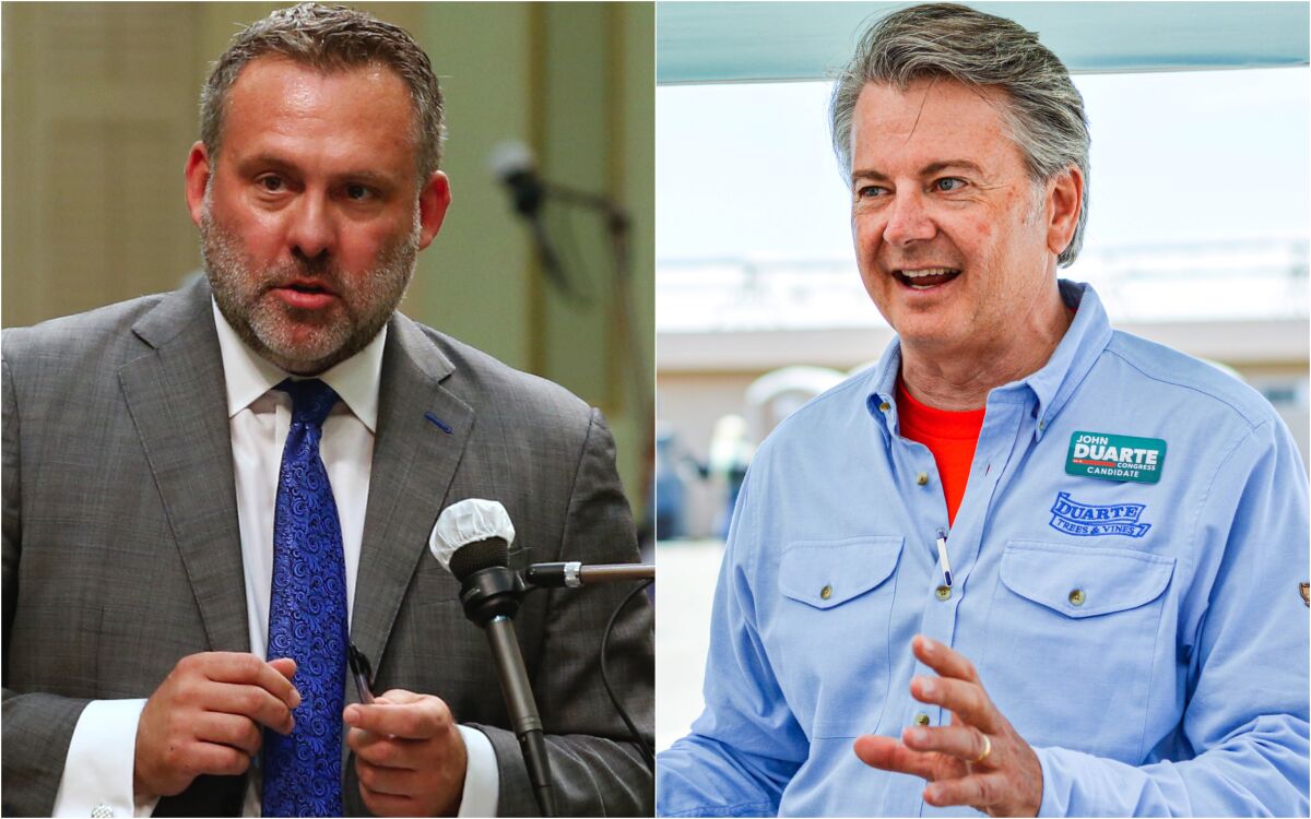 Two side-by-side pictures show a man in a gray suit and blue tie, left, and one in a light blue button-up work shirt 