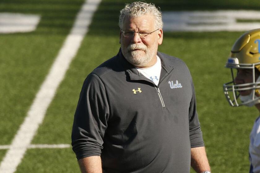 WESTWOOD, CA - MARCH 06, 2018 - Jerry Azzinaro is UCLA's defensive coordinator joining head coach Chip Kelly at UCLA on the Spaulding practice field on the UCLA Westwood campus Tuesday morning March 6, 2018 for the start of Spring football. (Al Seib / Los Angeles Times)