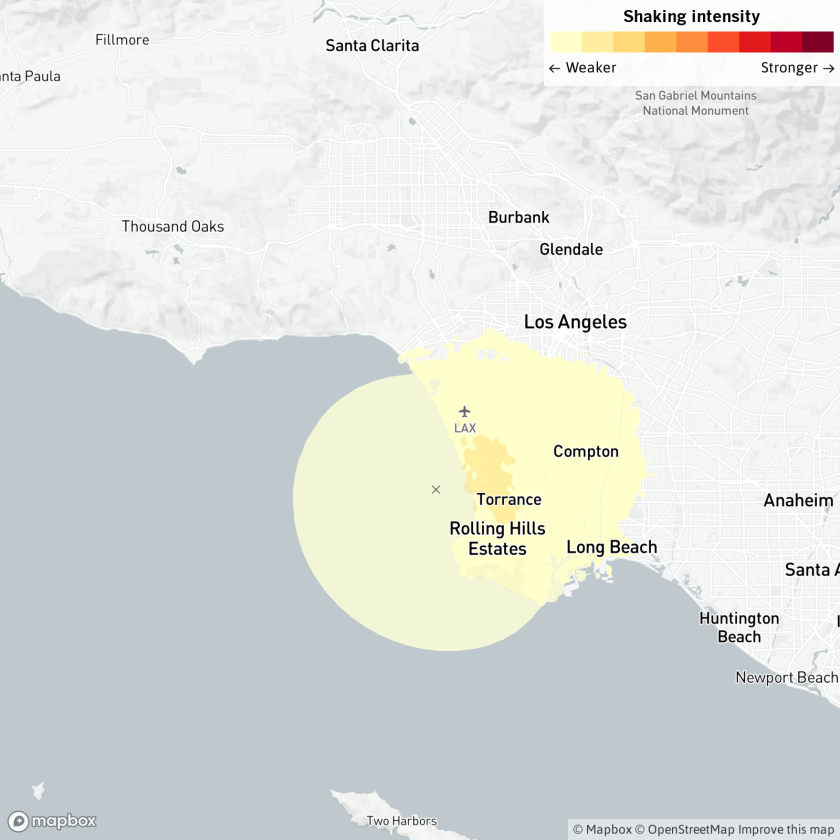 Map of Los Angeles area with earthquake epicenter off the coast and light shaking through South Bay, Westside and South L.A.