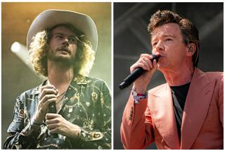 Yung Gravy, left, in a cowboy hat and holding a mic and, in a separate photo, Rick Astley in a red suit singing into a mic
