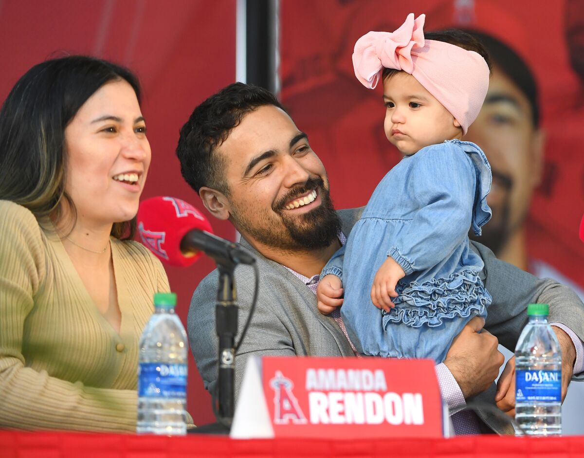 Anthony Rendon with his wife, Amanda, and daughter, Emma, at an introductory news conference Dec. 14, 2019, at Angel Stadium.