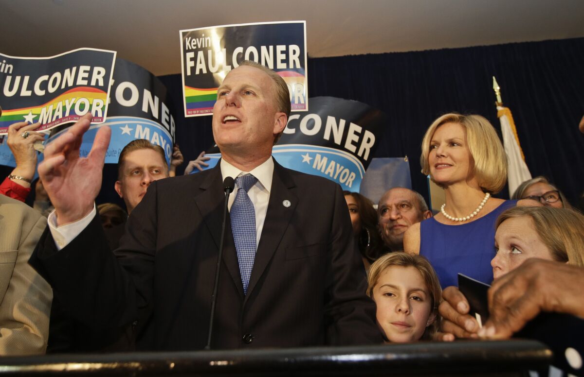 San Diego's mayor-elect Kevin Faulconer speaks to a crowd of supporters during Tuesday's election.