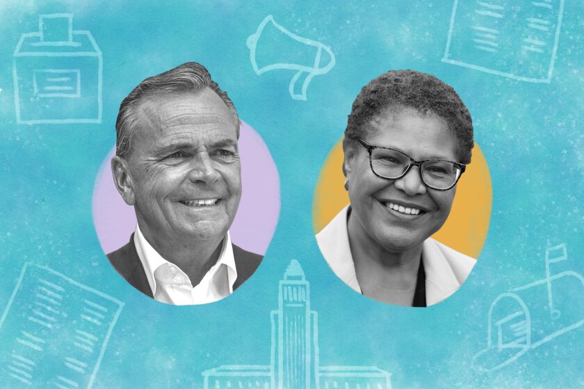 headshots of Rick Caruso and Karen Bass surrounded by illustrated election icons