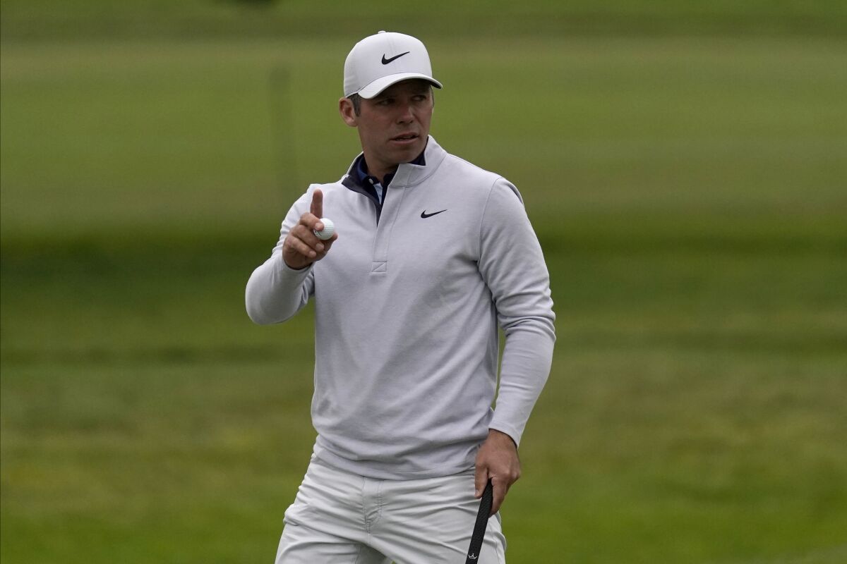 Paul Casey of England, celebrates after a birdie on the eighth hole during the final round of the PGA Championship golf tournament at TPC Harding Park Sunday, Aug. 9, 2020, in San Francisco. (AP Photo/Jeff Chiu)