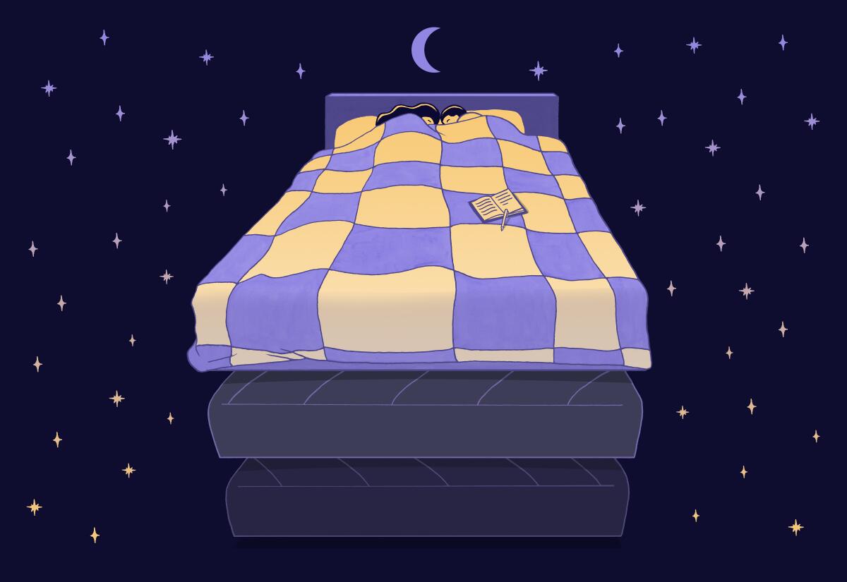 Illustration of a couple in bed, surrounded by stars and a crescent moon.