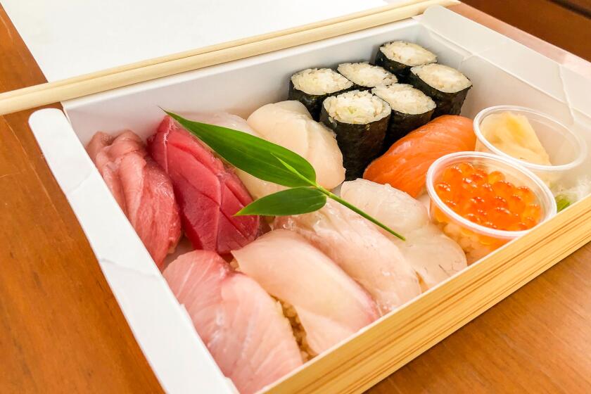 LOS ANGELES, APRIL 13, 2020: Sushi bento from Shunji in Sawtelle April 13, 2020 (Bill Addison/Los Angeles Times)