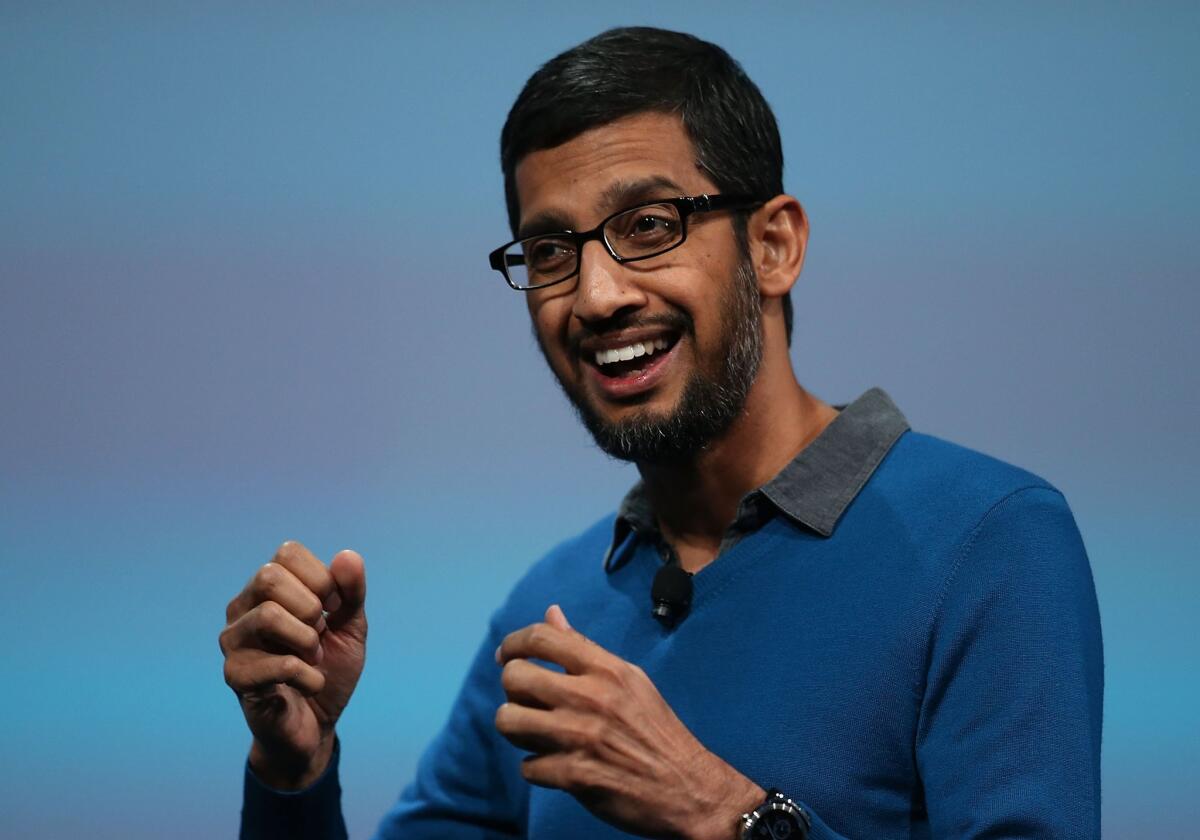Sundar Pichai, a Google senior vice president being promoted to chief executive, delivers the keynote address during the 2015 Google I/O conference for developers May 28 in San Francisco.