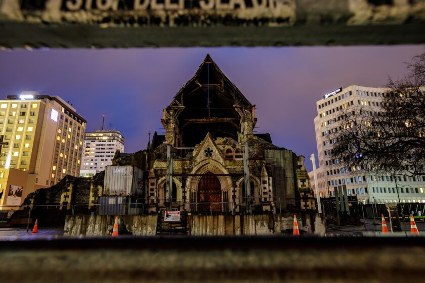 CHRISTCHURCH, CANTERBURY REGION -- FRIDAY, SEPTEMBER 6, 2019: The Christchurch cathedral - which was damaged in the 2011 earthquake has since been cordoned off for safety concerns, in Christchurch, New Zealand, on Sept. 6, 2019. (Marcus Yam / Los Angeles Times)