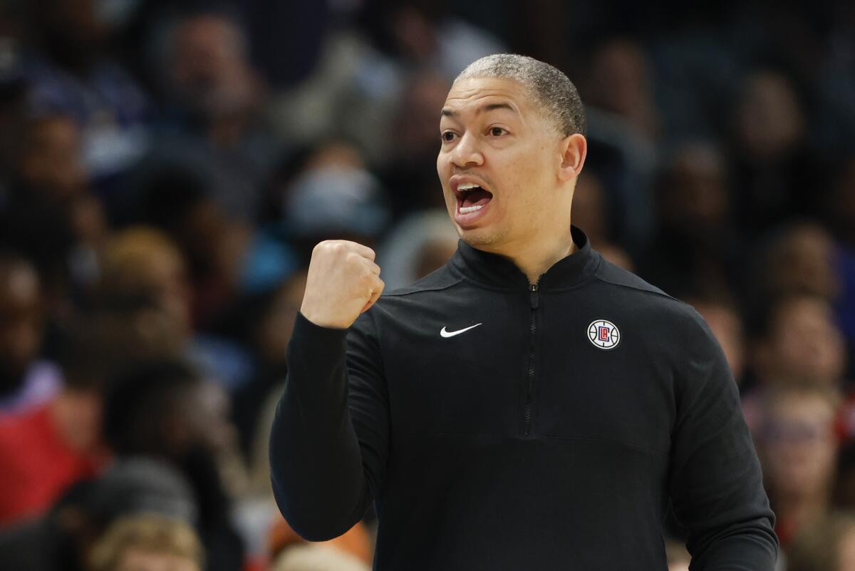 Clippers coach Tyronn Lue argues a call during a game between the Clippers and the Charlotte Hornets on March 31.