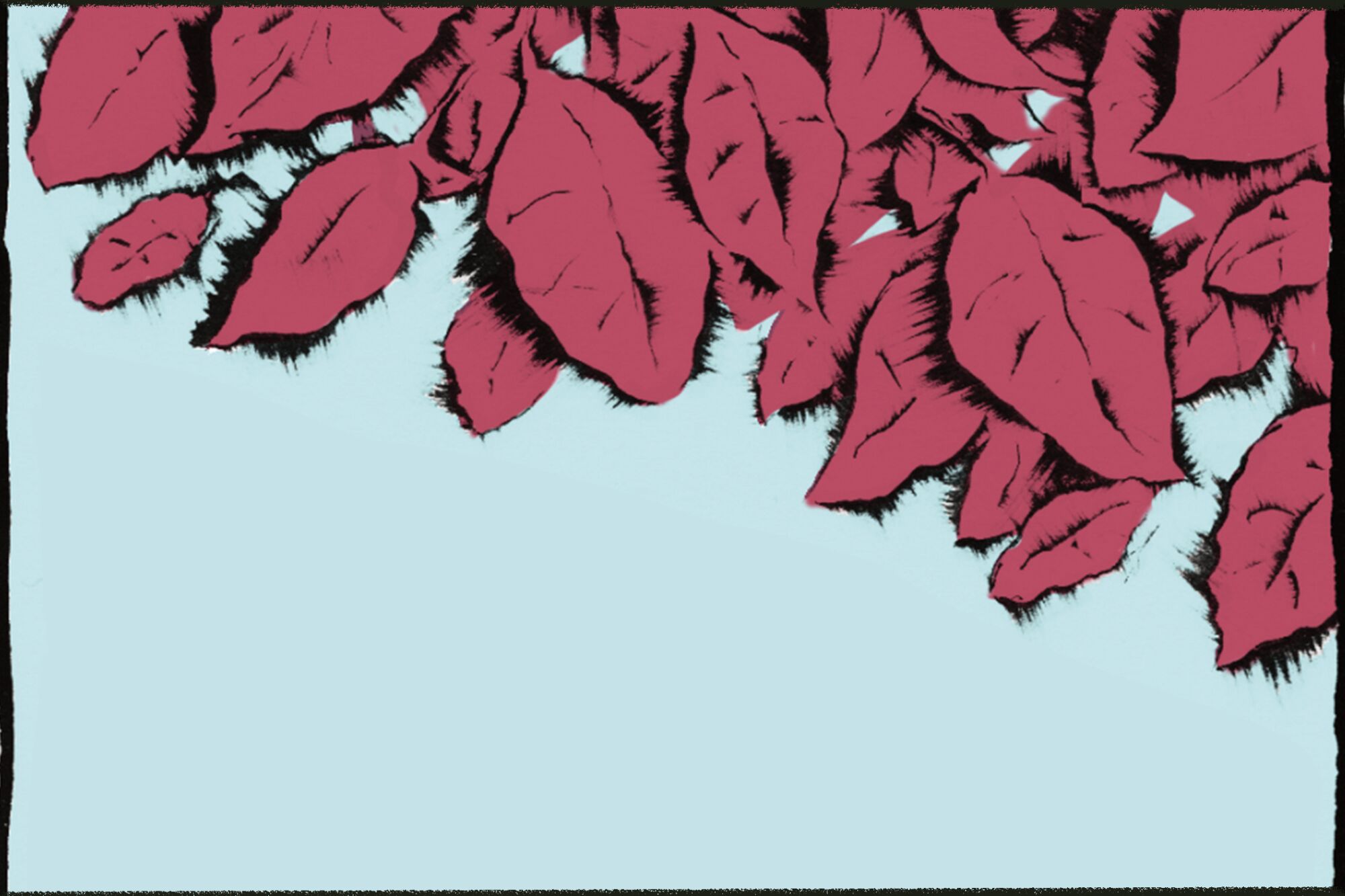 Illustration in comic-style of red leaves on a blue sky.