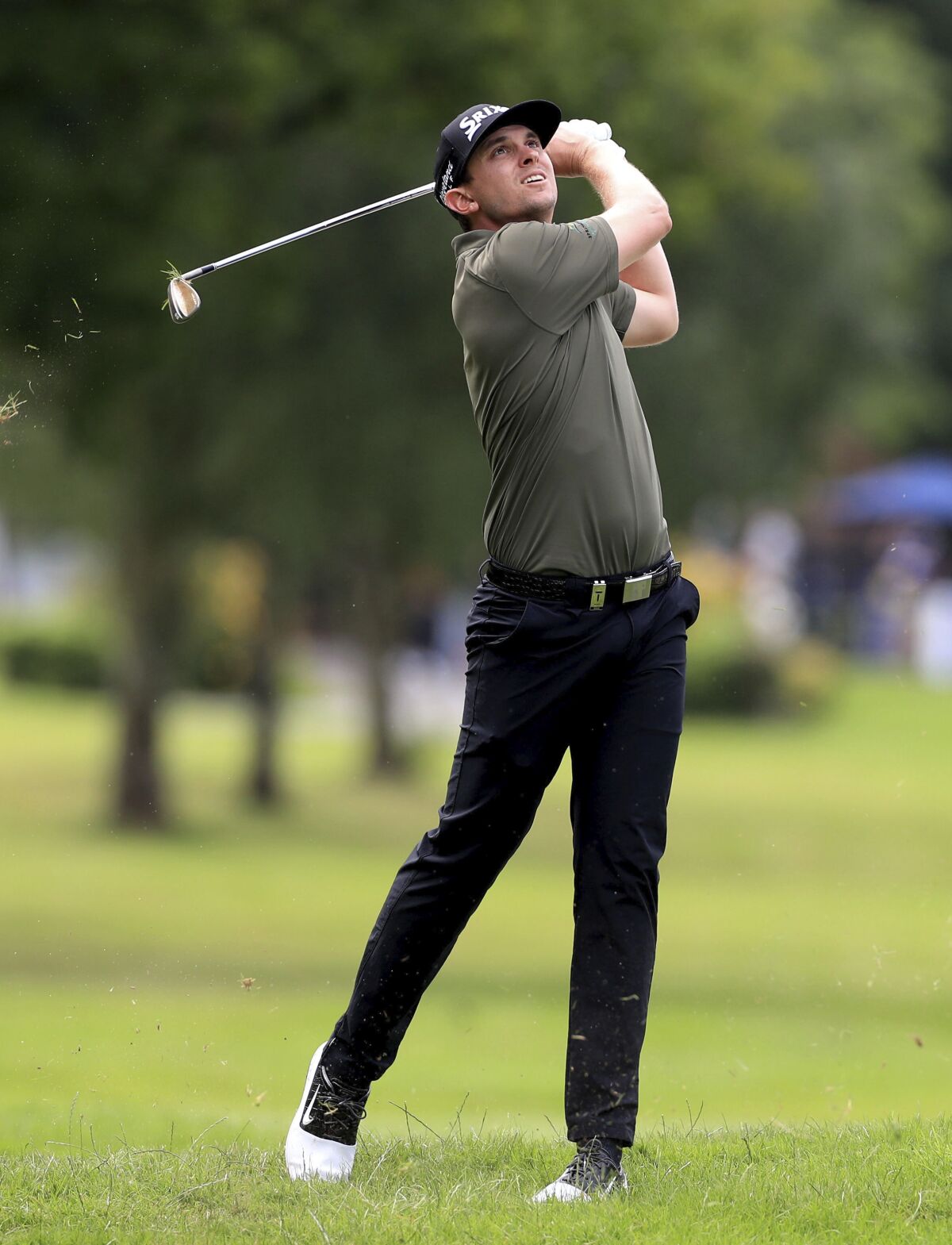 USA's John Catlin during day one of the Hero Open golf tournament at the Forest of Arden Marriott Hotel and Country Club in Birmingham, England, Thursday July 30, 2020. (Mike Egerton/PA via AP)