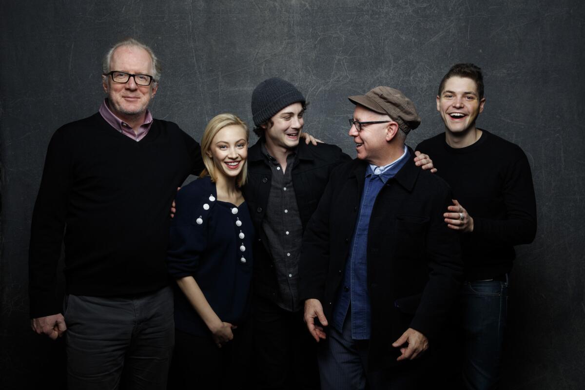 Tracy Letts, left, Sarah Gadon, Logan Lerman, James Schamus and Philip Ettinger from the film "Indignation" at the Sundance Film Festival, in Park City, Utah, in January.