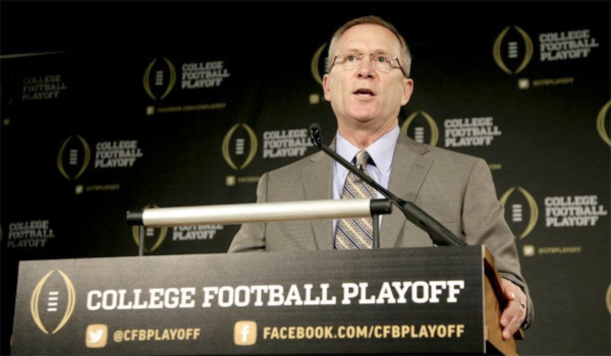 Chairman of the College Football Playoff selection committee Jeff Long speaks at a news conference Wednesday where the 12 members selected to the committee were announced.