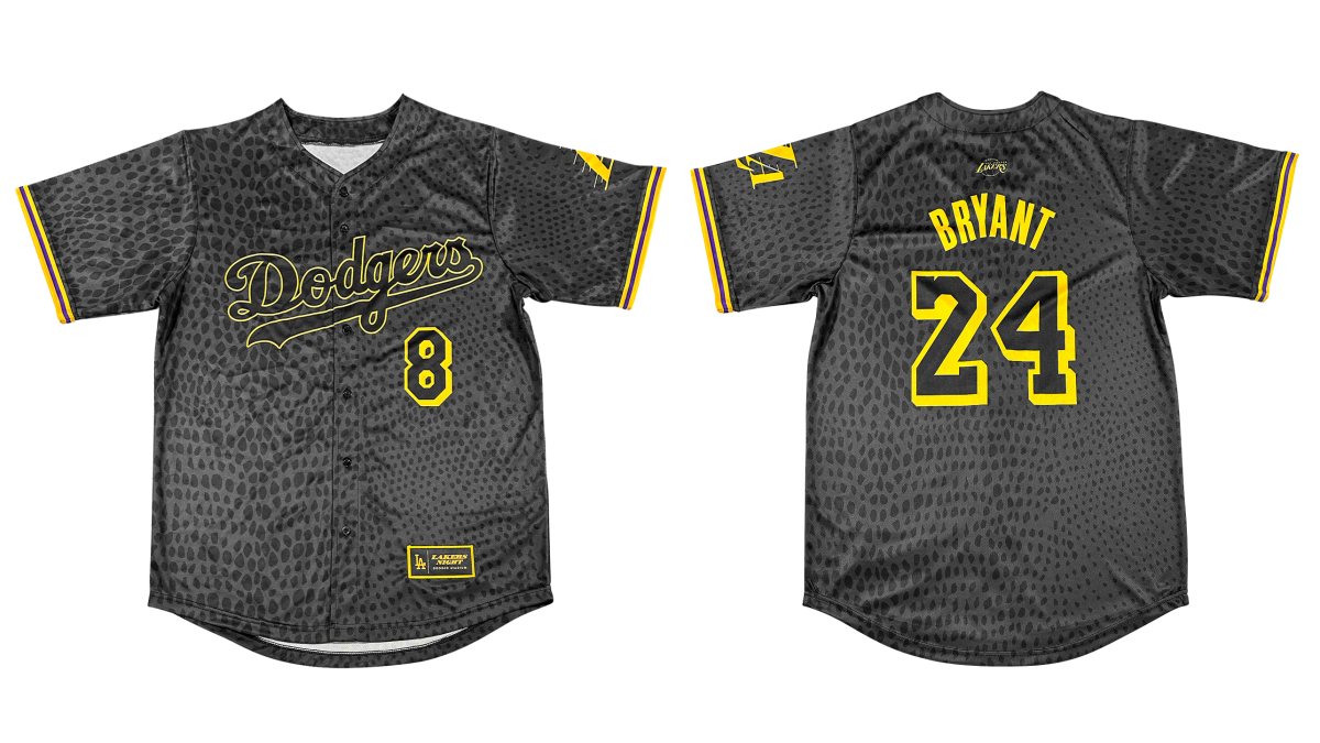 The front and back of a black Dodgers' Kobe Bryant jersey, with the No. 8 on the front and No. 24 on the back.