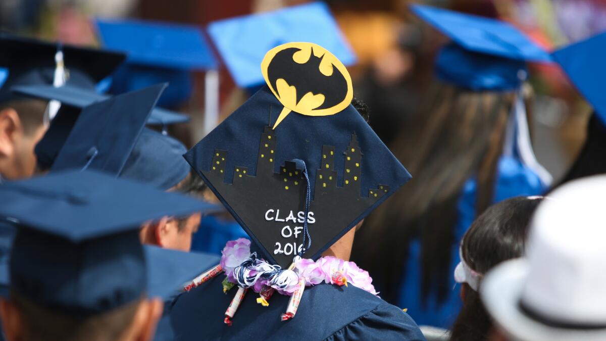 A graduation cap from the Los Angeles Unified School District commencement ceremony for students at alternative and continuation high schools.
