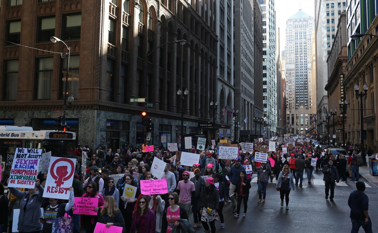 People walk north on LaSalle Street during the Women's March in Chicago on Jan. 21, 2017.