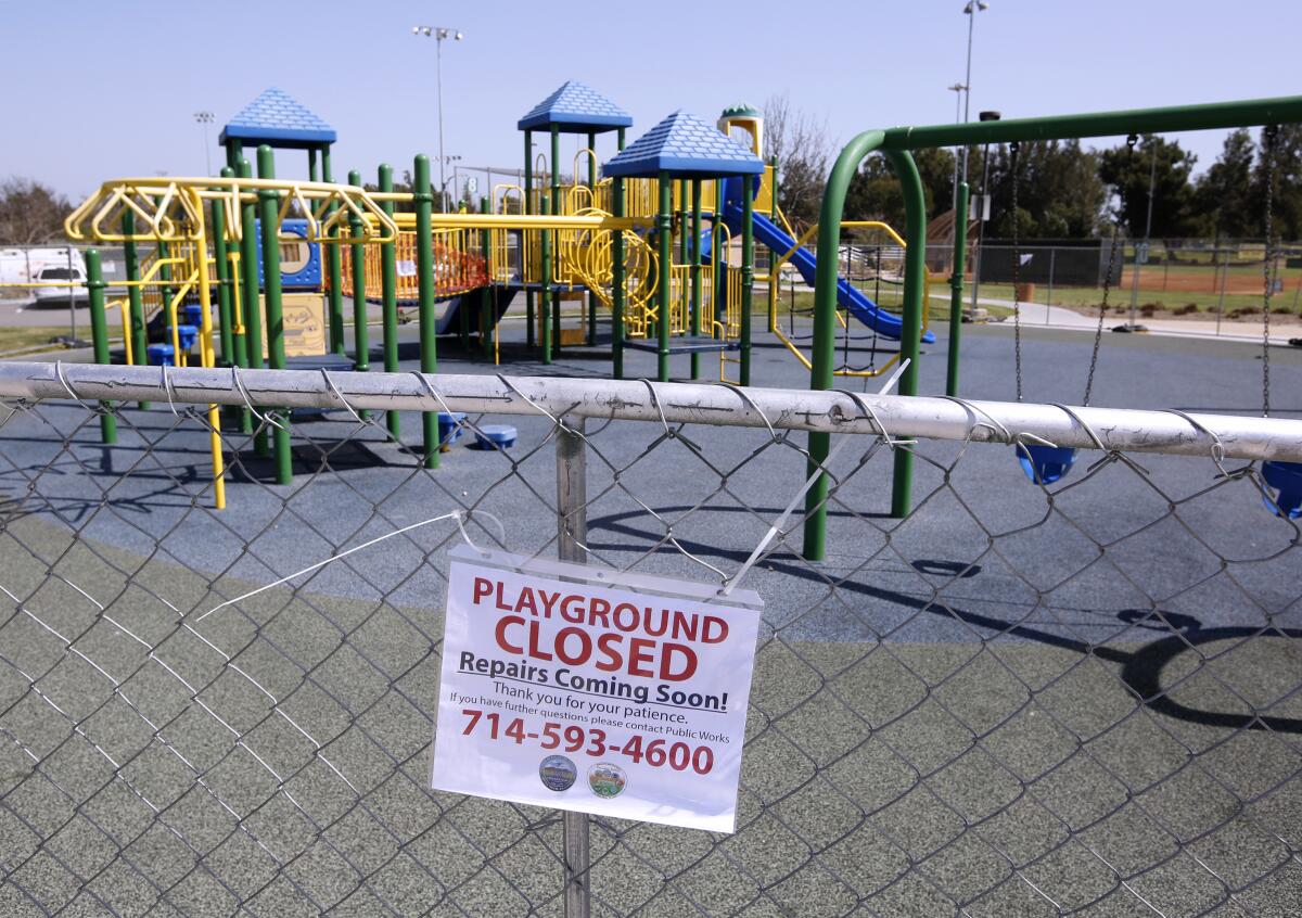 The Fountain Valley Recreation Center playground is closed for repairs, seen on Tuesday, March 30. 