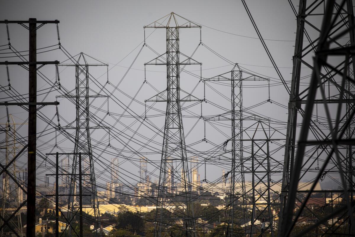 Overhead electric power lines photographed in Redondo Beach on July 13, 2021. 