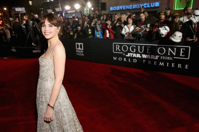 Actress Felicity Jones attends the world premiere of Lucasfilm's standalone Star Wars adventure "Rogue One: A Star Wars Story" at the Pantages Theatre in Hollywood on Saturday night.