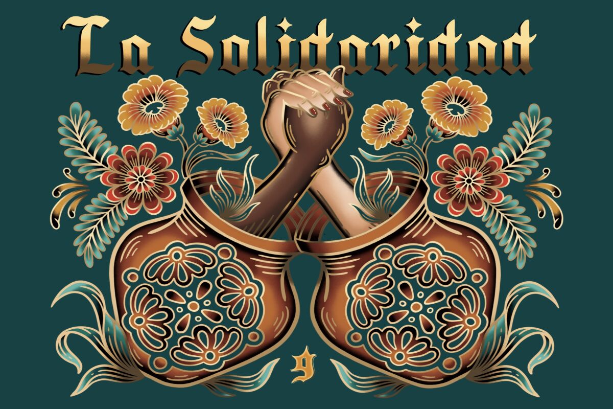 An image with the words "La solidaridad" and showing two hands clasped together with flowers around them.