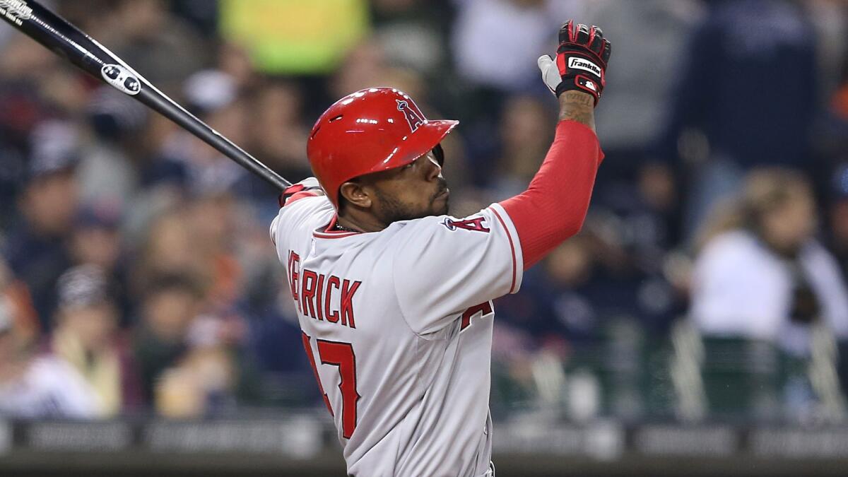 Angels second baseman Howie Kendrick connects on a two-run home run against the Detroit Tigers earlier this month. Kendrick is set to hit in the leadoff spot for the Angels against the Cleveland Indians on Tuesday.