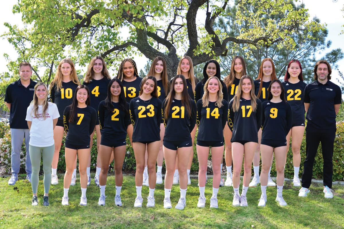 A composite team photo of the 2020-21 Torrey Pines varsity volleyball team created from individual player and coach photos.
