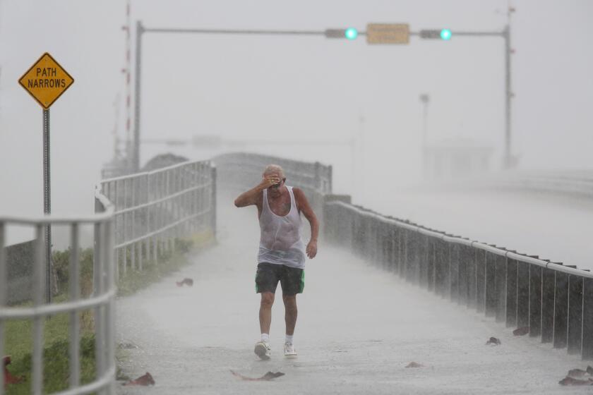 Steve Pearson is pummeled by rain in Dunedin, Fla., on Aug. 29.