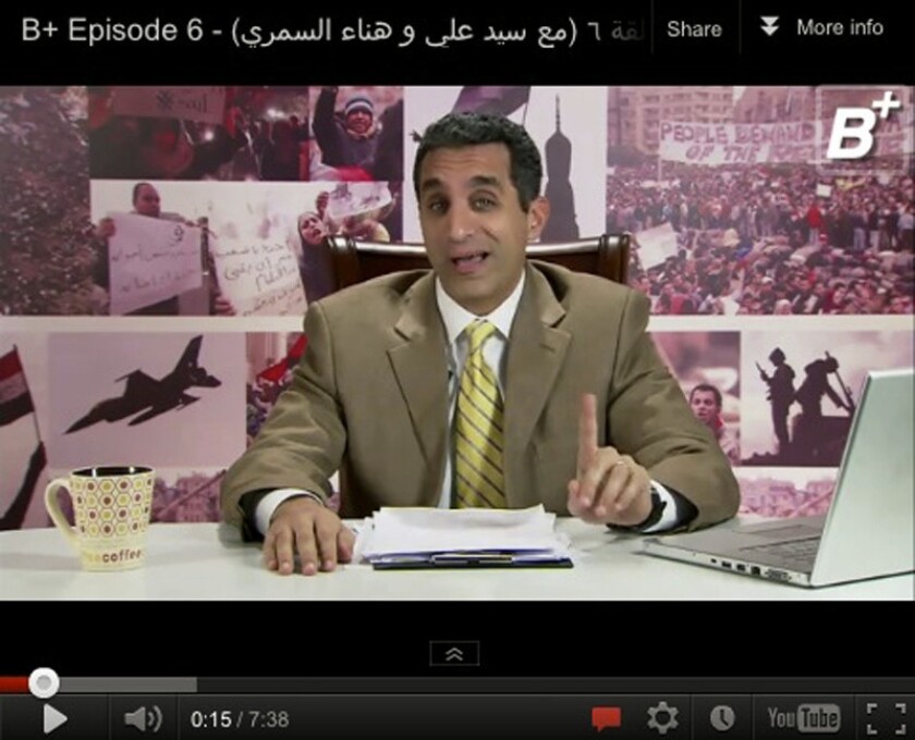 Bassem Youssef, in a frame grab from his show, is scheduled to return to the air Friday after a hiatus.