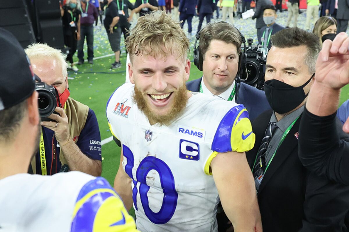 The Rams' Cooper Kupp celebrates after the team's Super Bowl victory.