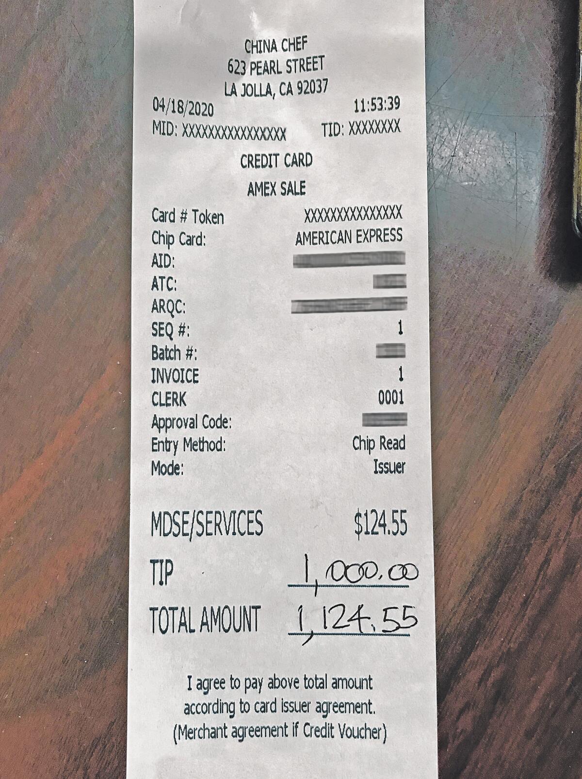 China Chef owner Bob Gu received a very generous tip on a takeout meal he prepared: $1,000.