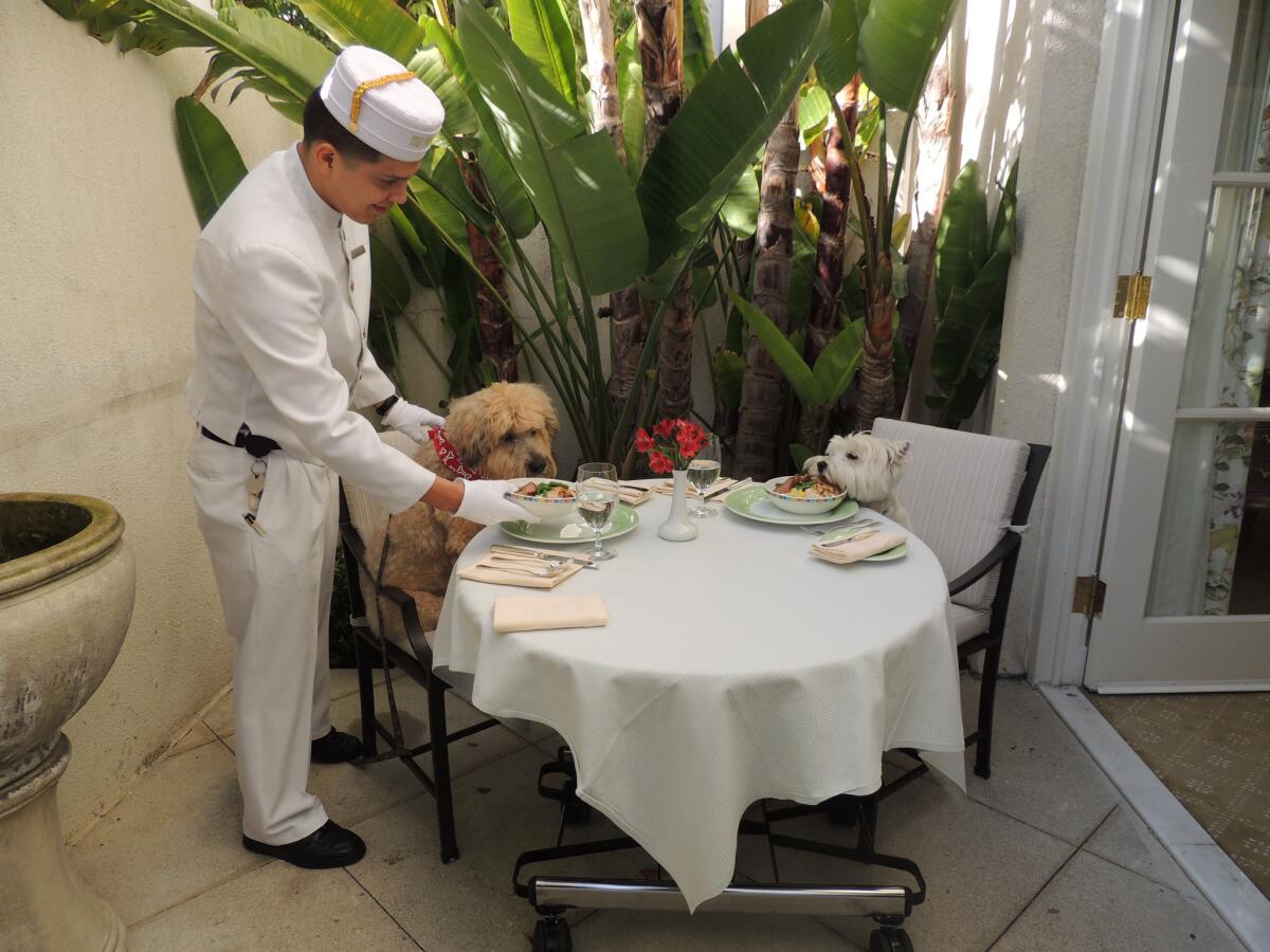Darby dines in a patio outside the room at the Peninsula Beverly Hills. Read the story.